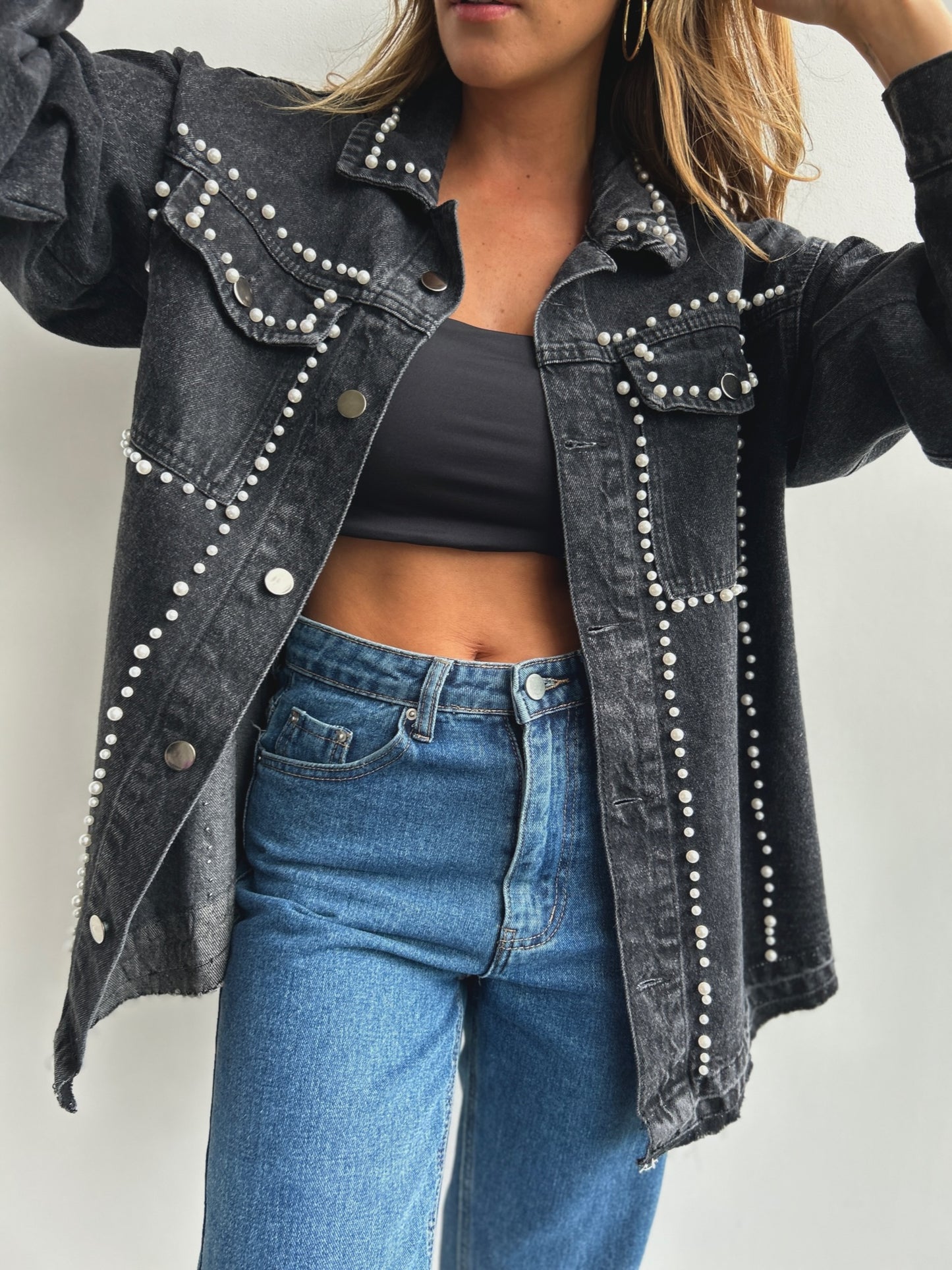 Chaqueta Denim con Perlas NCH006