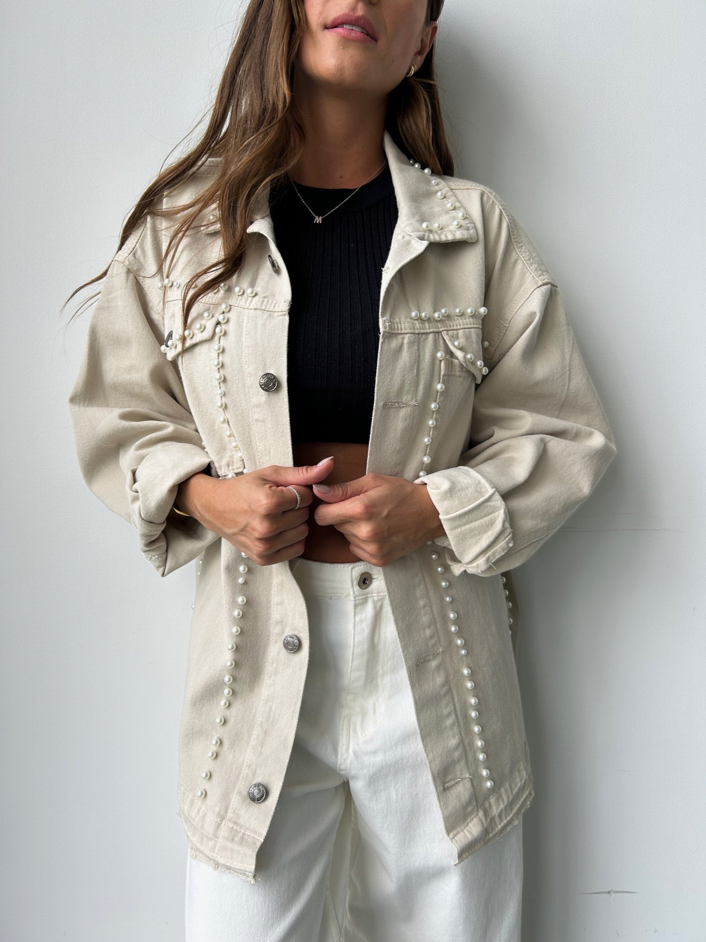 Chaqueta Denim con Perlas NCH006
