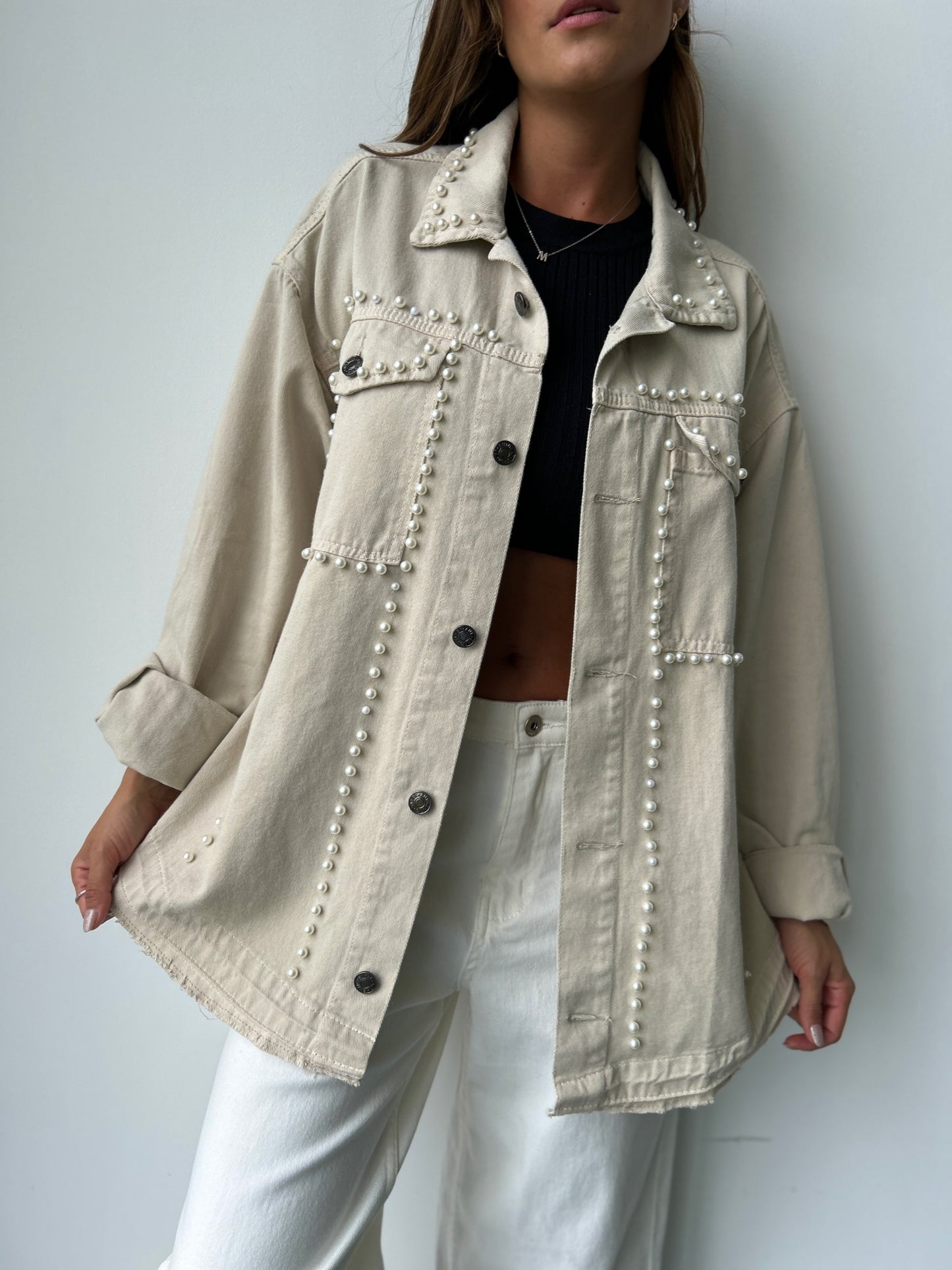 Chaqueta Denim con Perlas NCH006