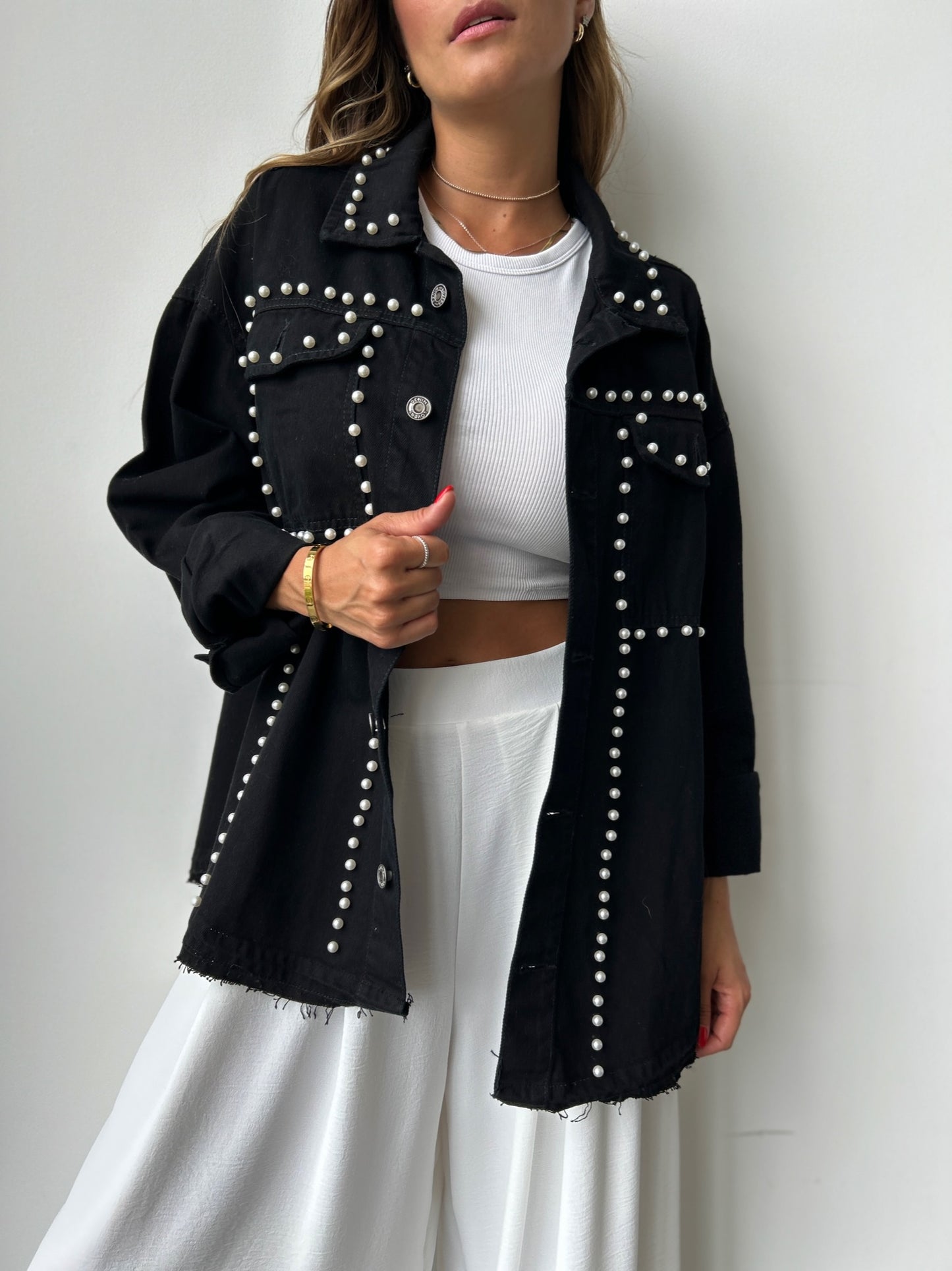 Chaqueta Denim con Perlas NCH006
